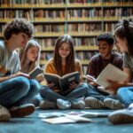 Jugendliche lesen gemeinsam Bücher zwischen Regalen in einer Bibliothek