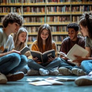 Jugendliche lesen gemeinsam Bücher zwischen Regalen in einer Bibliothek