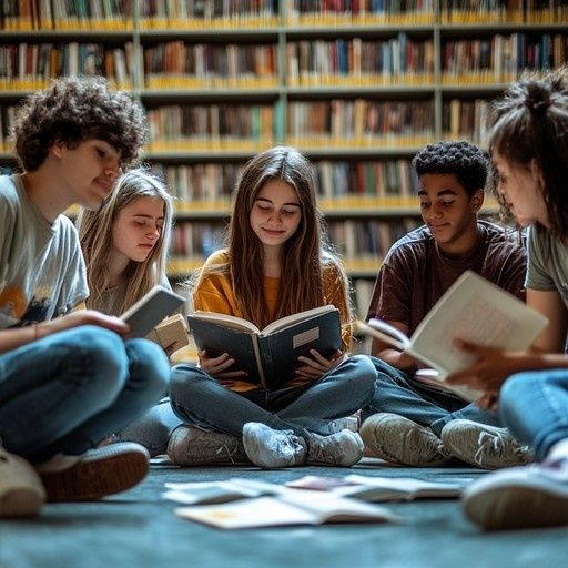 Jugendliche lesen gemeinsam Bücher zwischen Regalen in einer Bibliothek